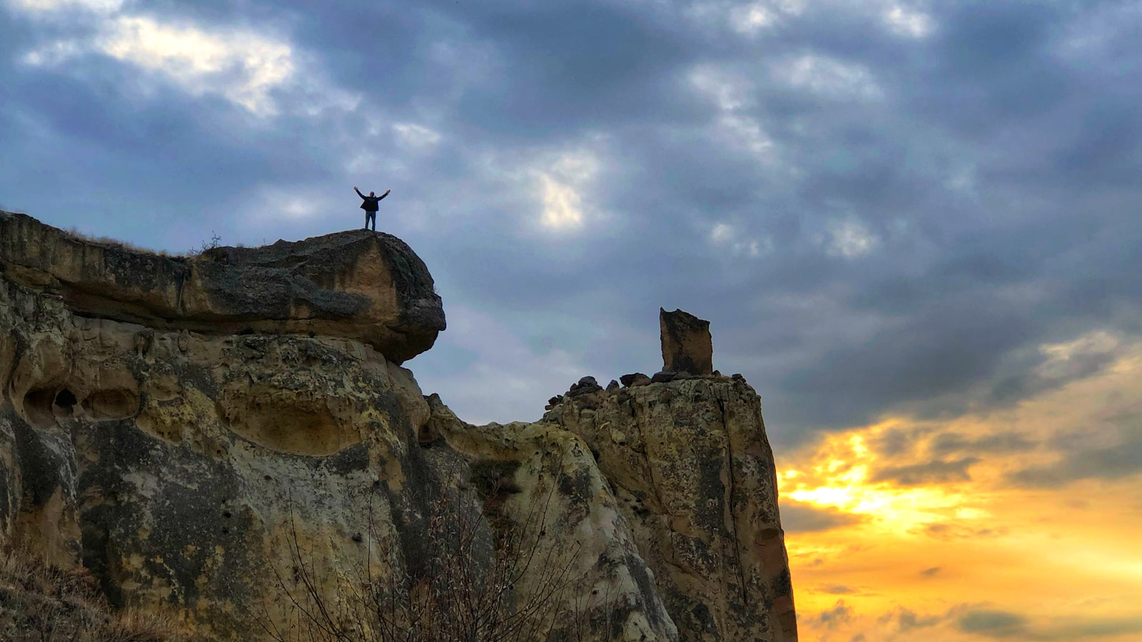 Goreme valley with cave dwellings at dusk